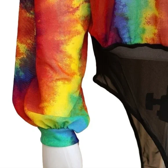 LOVE BRAND Rainbow Tie Dye Long Sleeve Bodysuit L Pride Festival Rave Faux Wrap - Picture 12 of 16